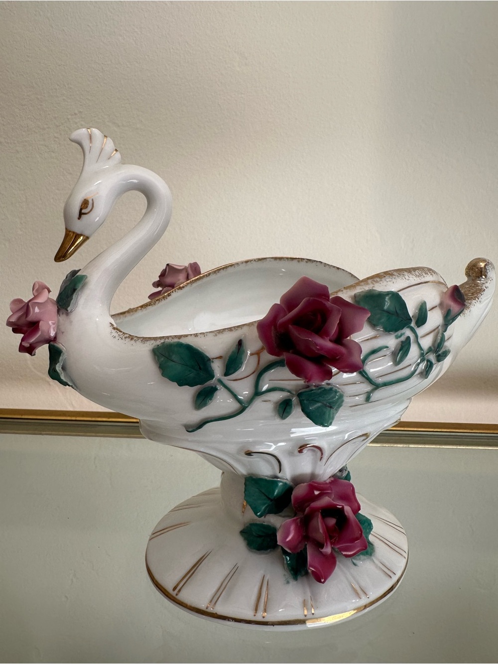 Lefton Porcelain Swan Planter with Pink Roses and Gold Trim